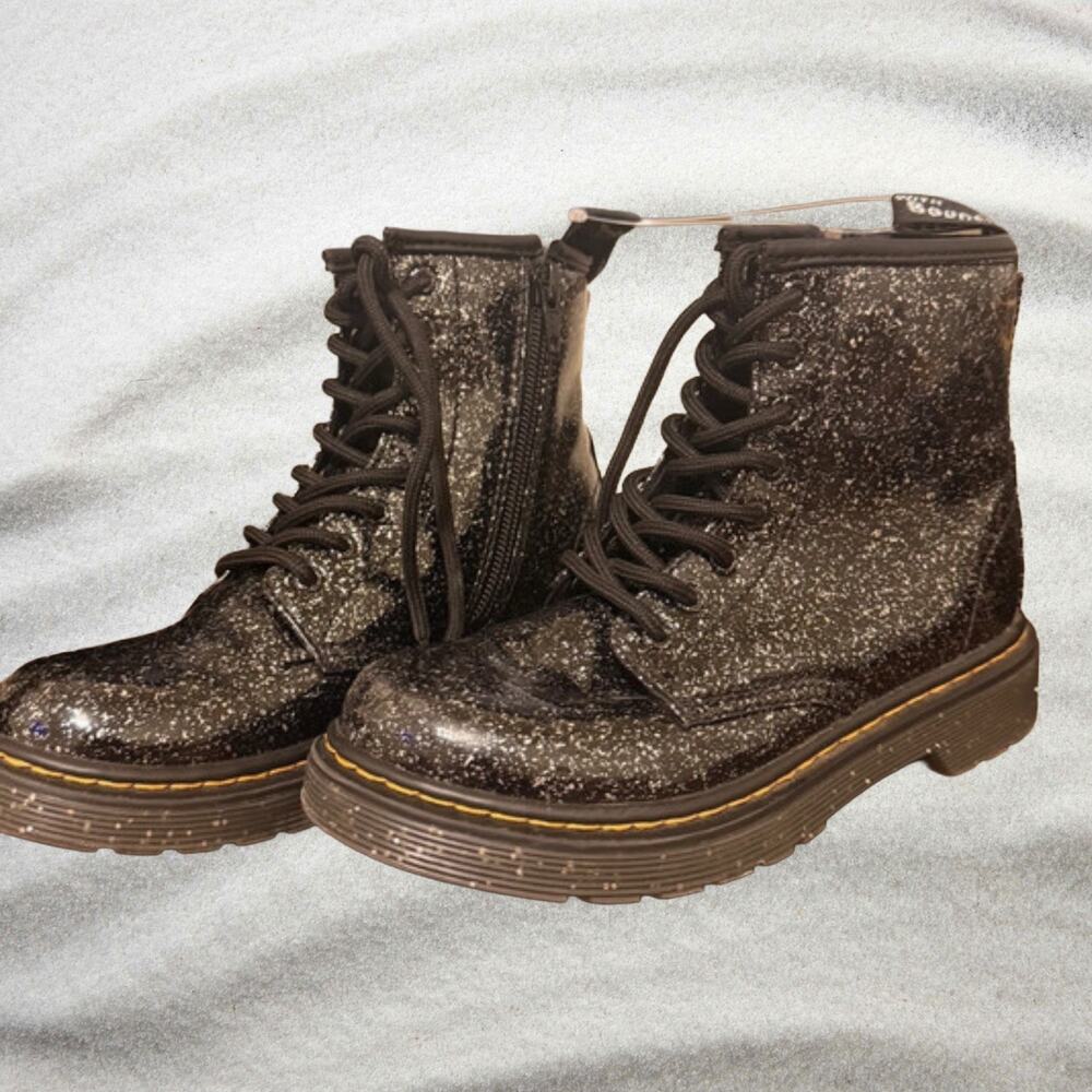Dr. Martens 1460 Black Glitter Lace Up Boots Youth Size 1 Side Zip Kids
